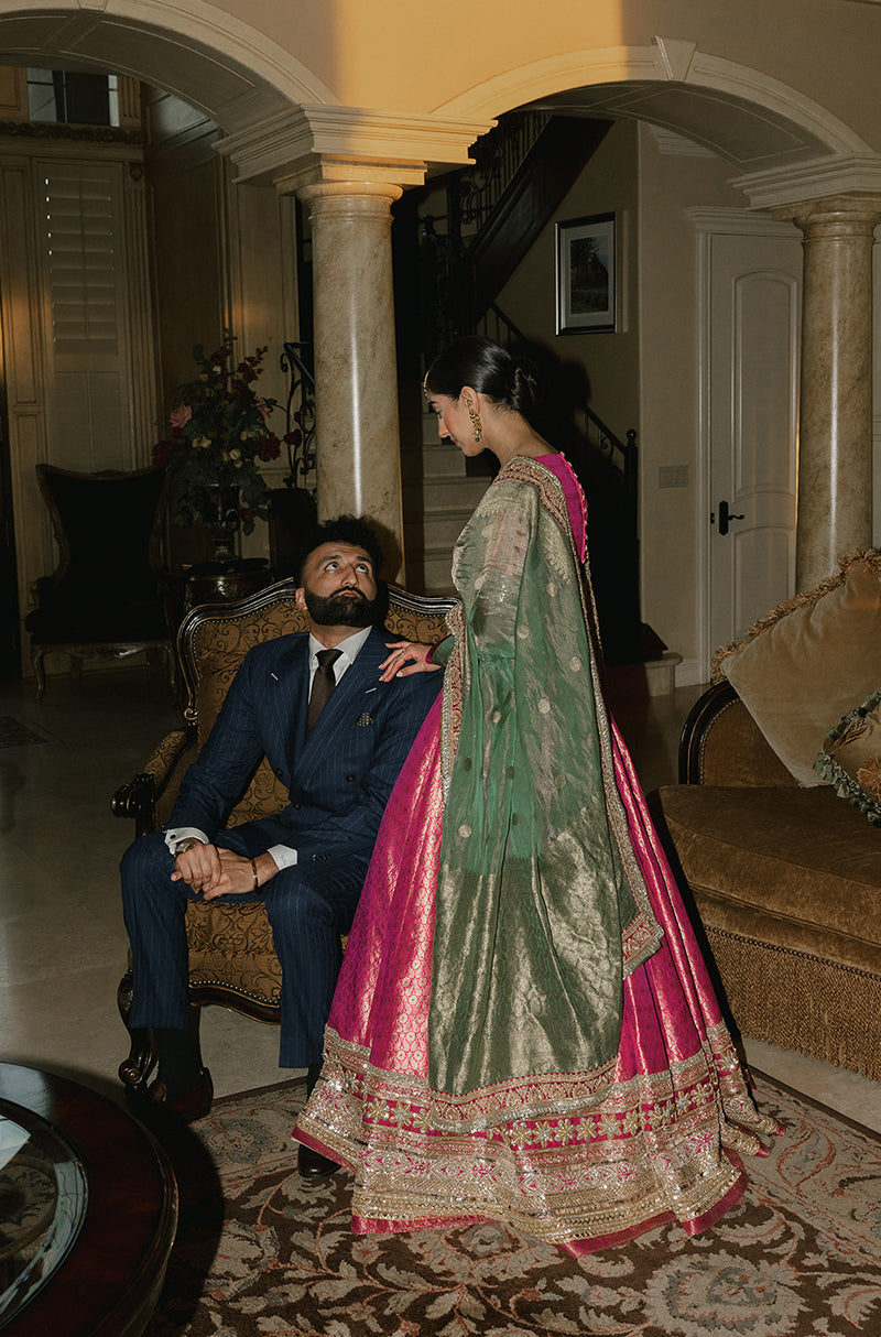Bride: Simran Kalher in our Pink Brocade Lehenga Set