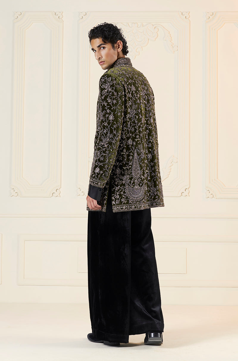 Green Velvet Floral Vine Embroidered Short Sherwani Set