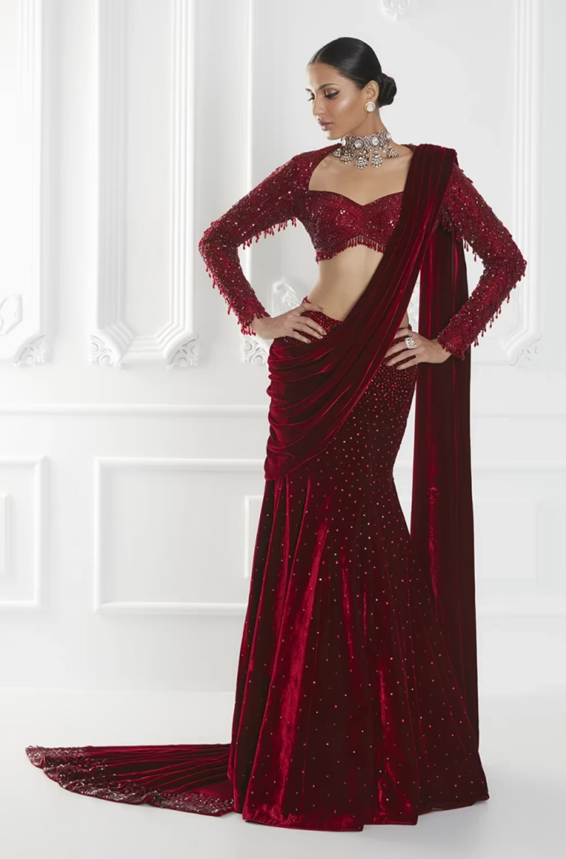 Red Velvet Saree Set