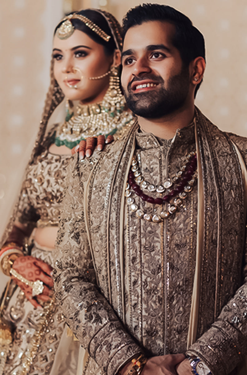 Bride: Yashita Jain & Groom: Aniket Thurria in our Nooraniyat Zardosi Collection