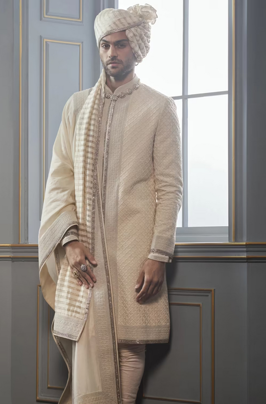 Ivory Criss Cross Dori Embroidered Sherwani Set