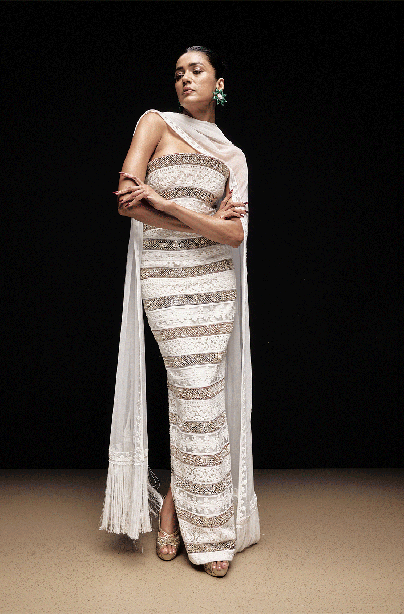 Ivory Thread Embroidered Patched Gown