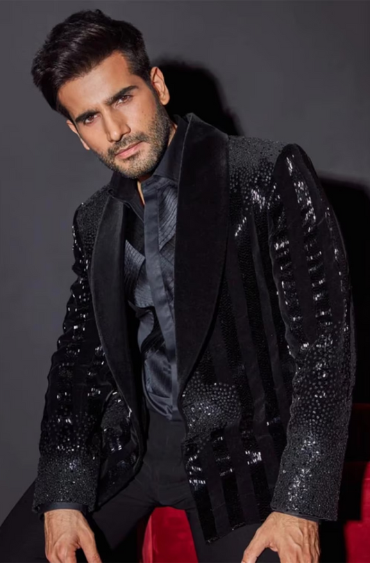 Karan Tacker in our Black Vertical Strip Embellished Jacket Set