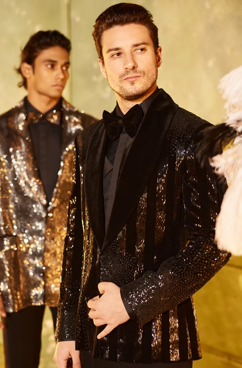 Black Vertical Strip Embellished Jacket Set