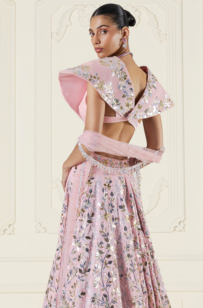 Baby Pink Velvet Floral Taban Jaal Embroidered Lehenga Set
