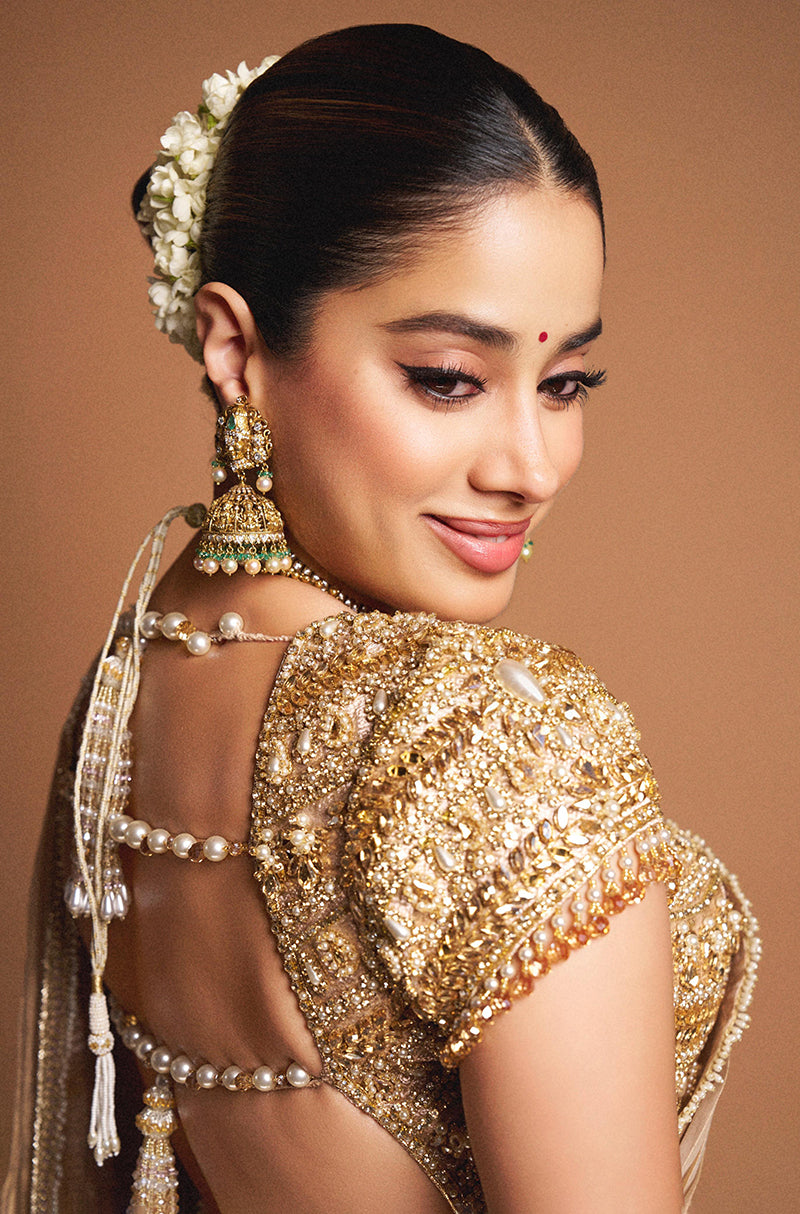 Janhvi Kapoor in our Gold Handwoven Tissue Lehenga Set