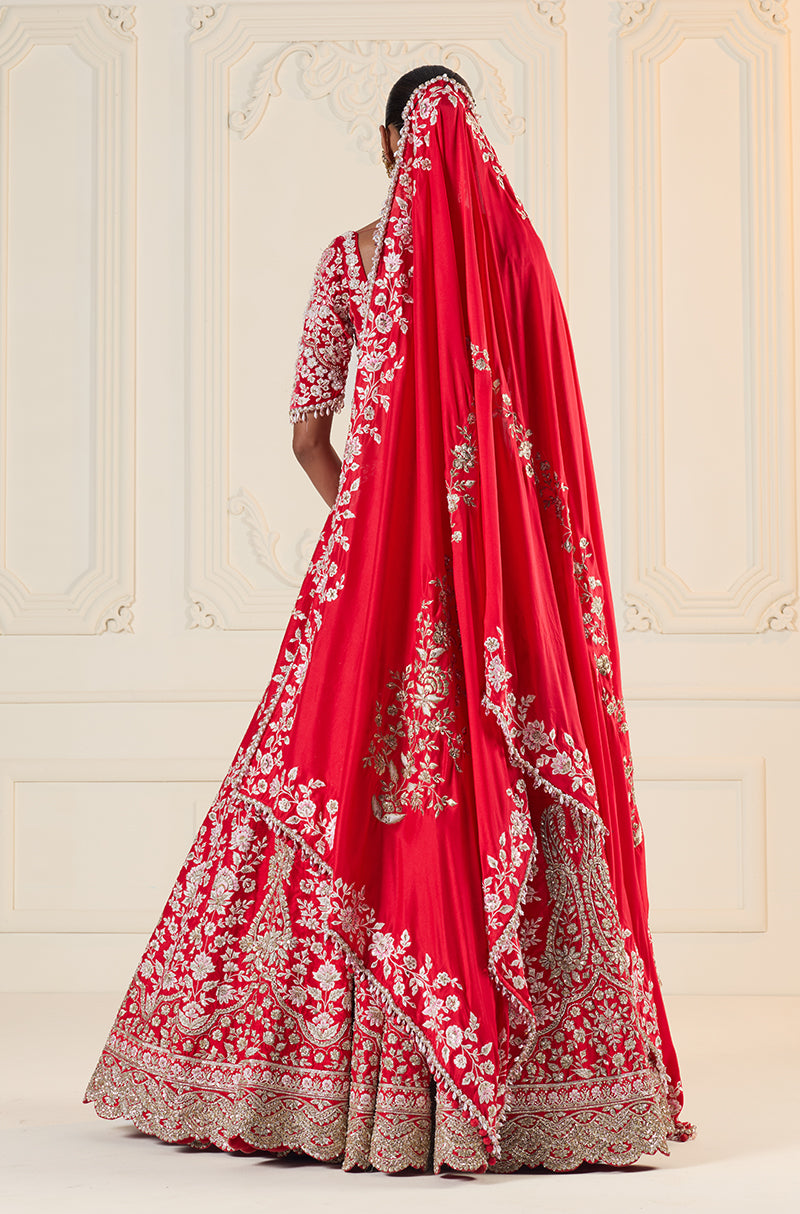 Red Paisley & Ivory Floral Embroidered Lehenga Set
