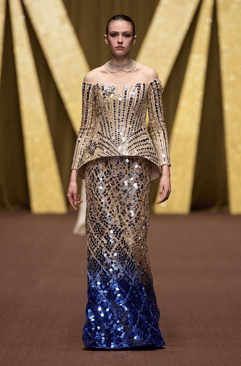 Champagne To Navy Acrylic Embroidered Skirt Set