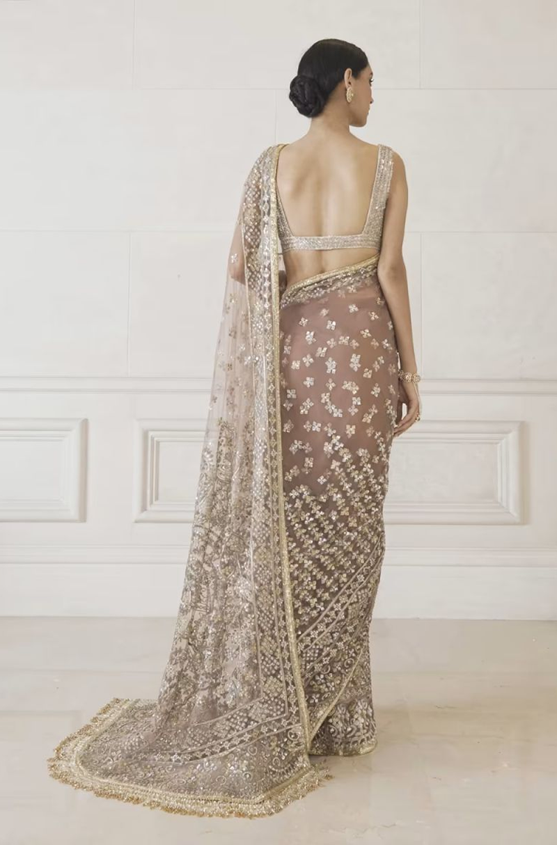 Fawn Tulle Embroidered Saree Set