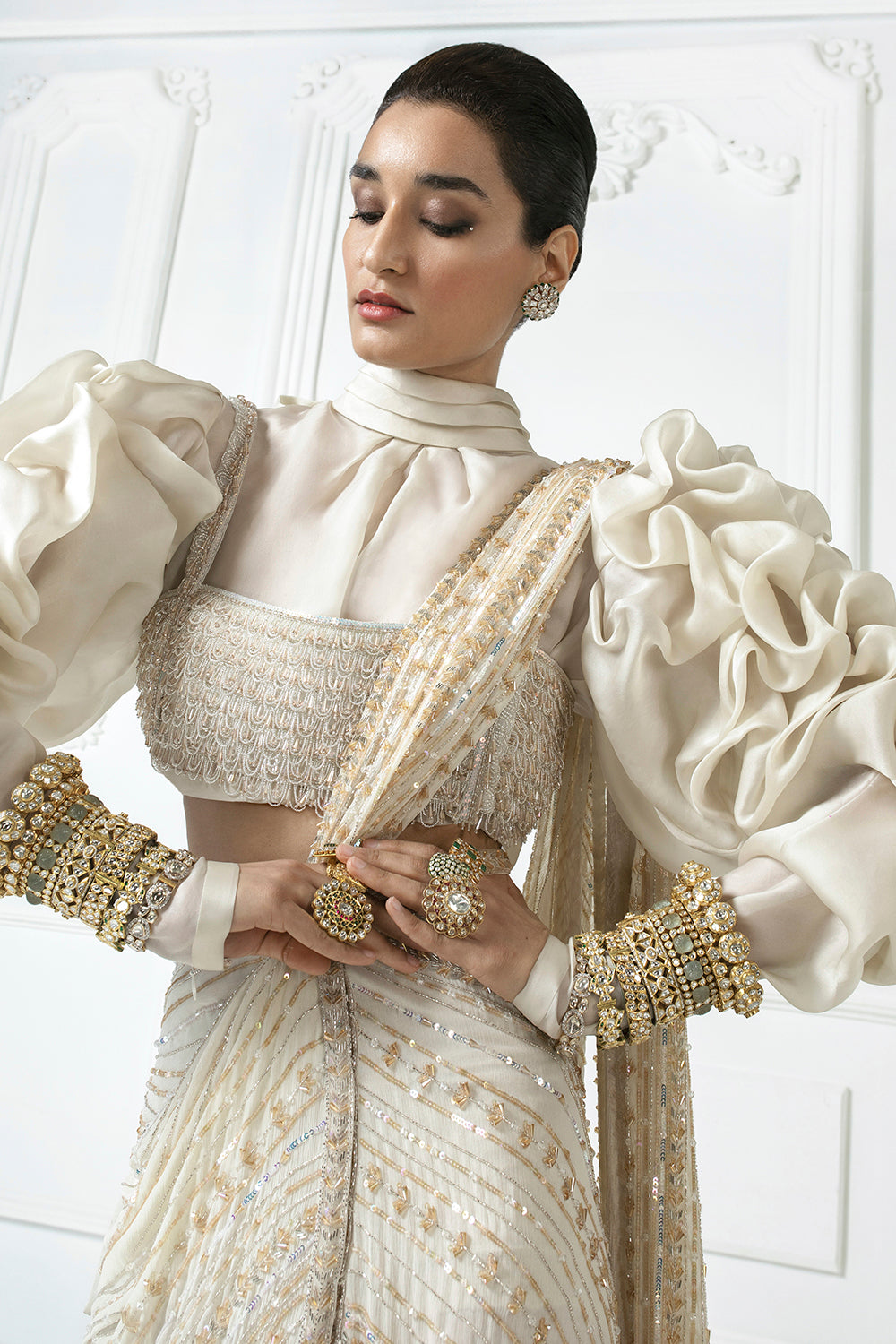 Ivory Chiffon Draped Saree Set