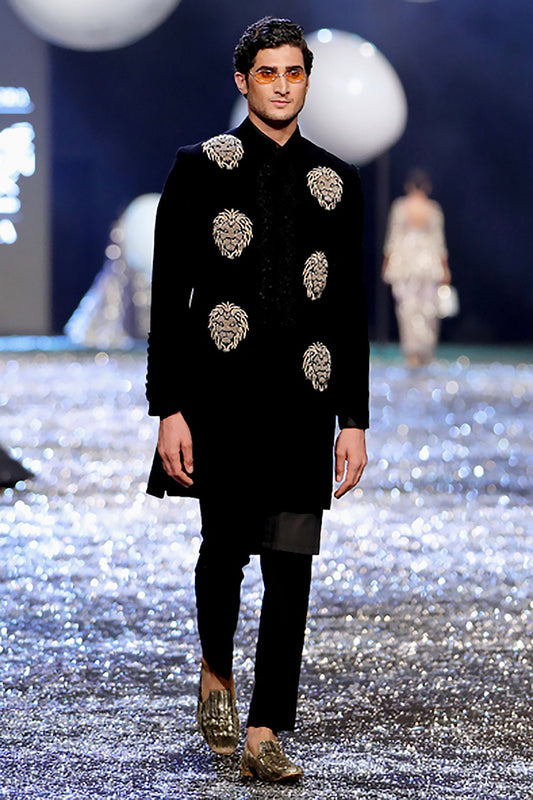 Black with Lion Motif Embroidered Sherwani Set