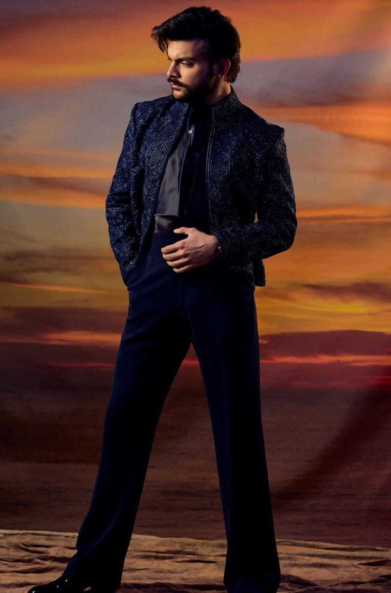 Veer Pahariya in our Navy Blue Embroidered Short Jacket Set