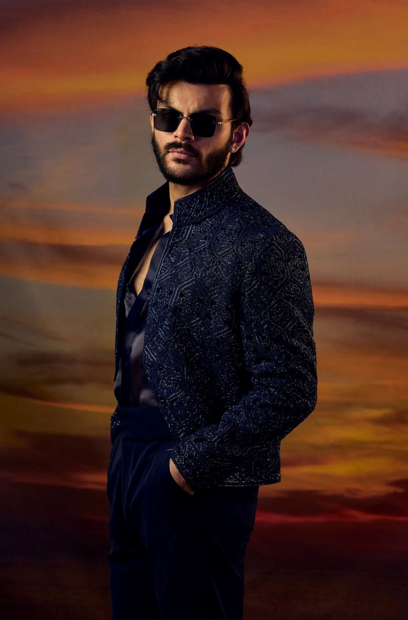 Veer Pahariya in our Navy Blue Embroidered Short Jacket Set