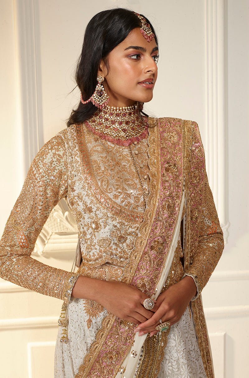 Ivory Chikankari With Long Paisley Embroidered Sharara Set