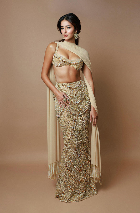 Ananya Panday in our Gold Stone & Embroidered Fitted Skirt Set