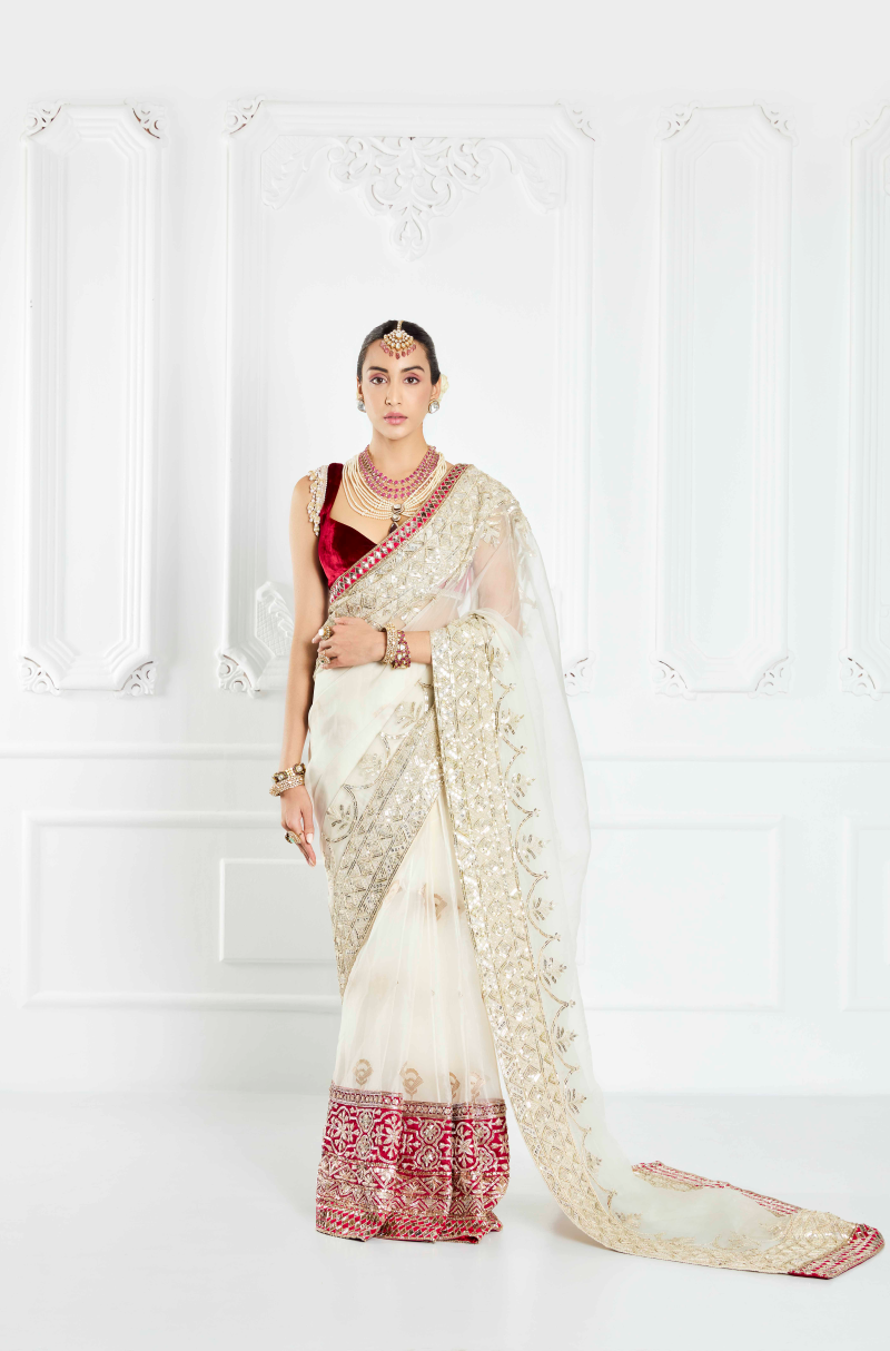 Ivory Organza Saclloped Saree Set