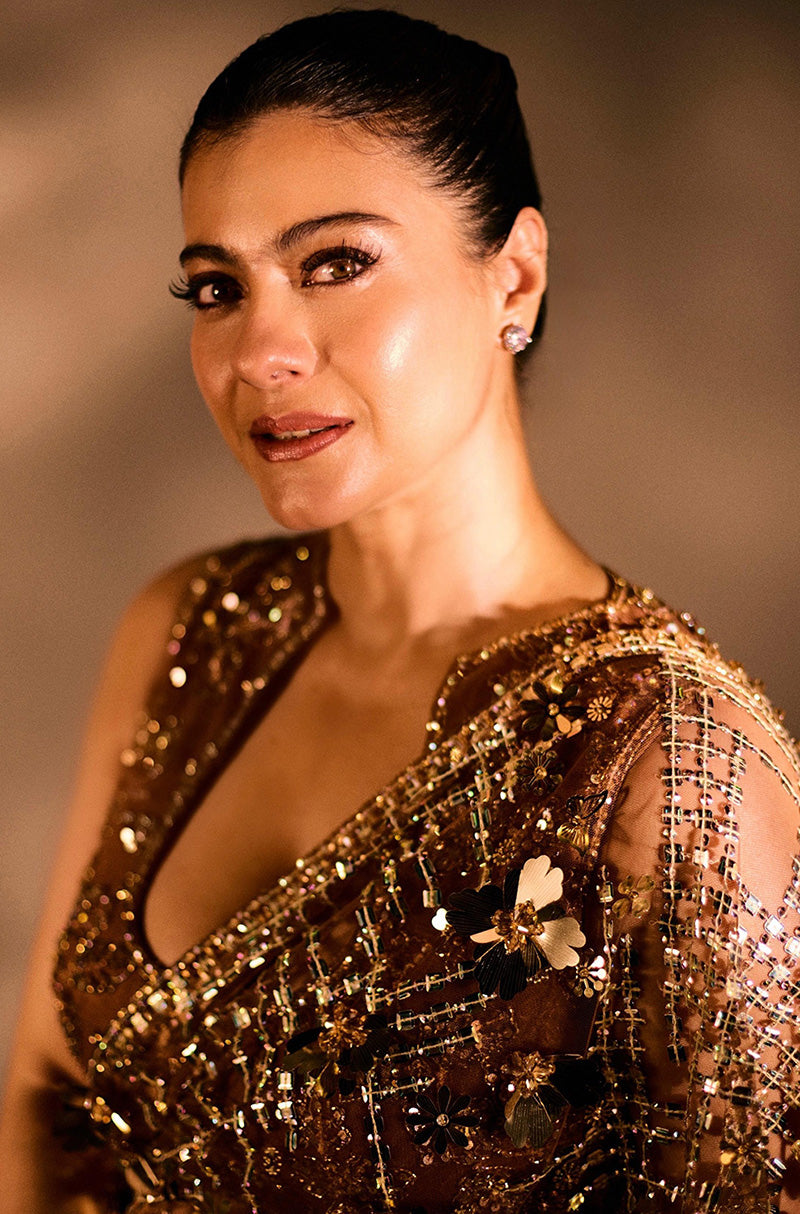 Kajol Devgan in our Brown Tulle Check Embroidered Saree