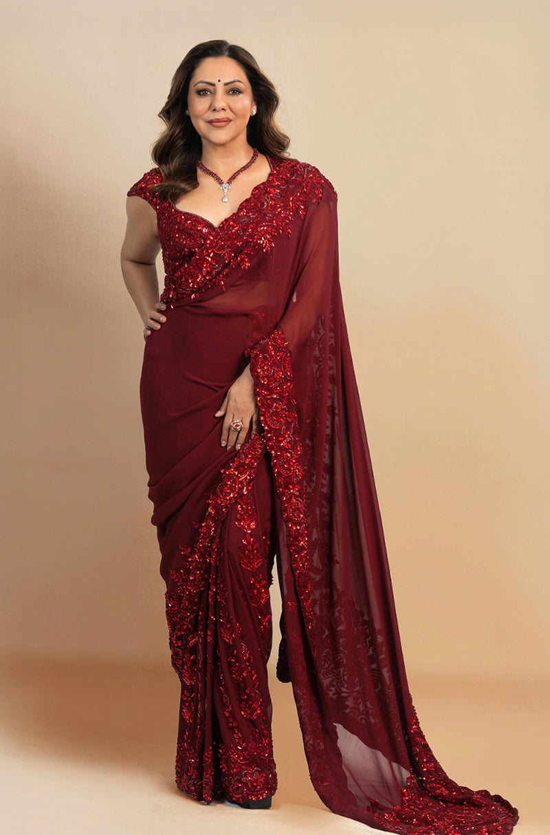 Gauri Khan in our Maroon Sequin & Nalki Embroidered Stitched Saree