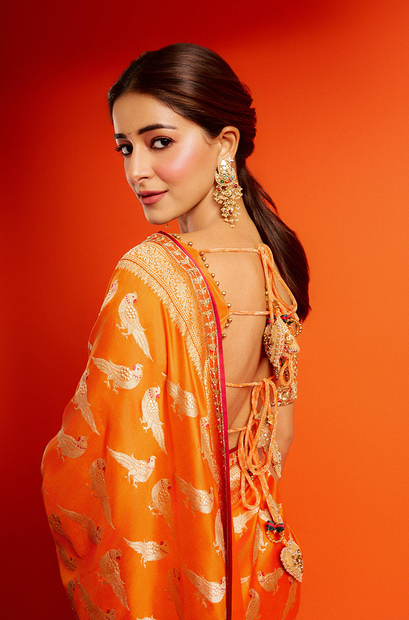 Ananya Pandey in our Orange Brocade Saree Set