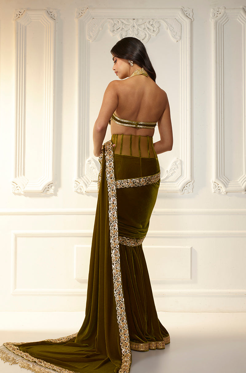 Olive Velvet Corset Waist Stitched Saree Set