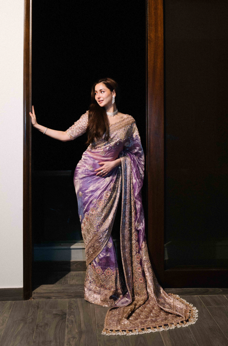 Hania Aamir in our Lavender Embroidered Tissue Saree Set