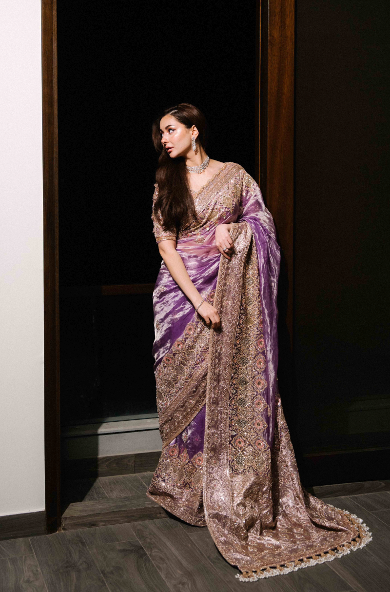 Hania Aamir in our Lavender Embroidered Tissue Saree Set