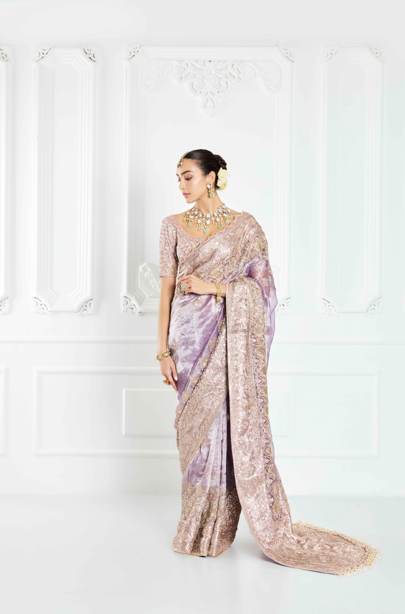 Lavender Embroidered Tissue Saree Set