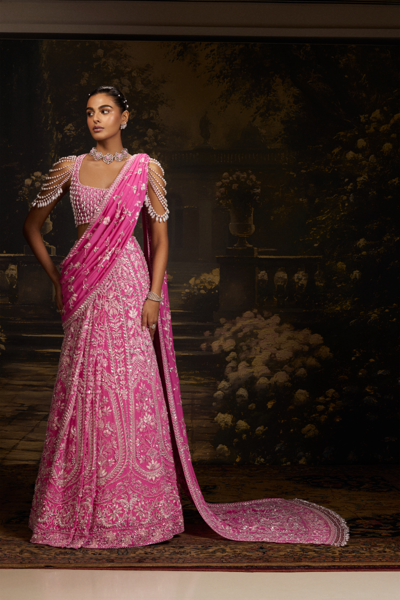 Rose Pink Chiffon Stitched Saree Set