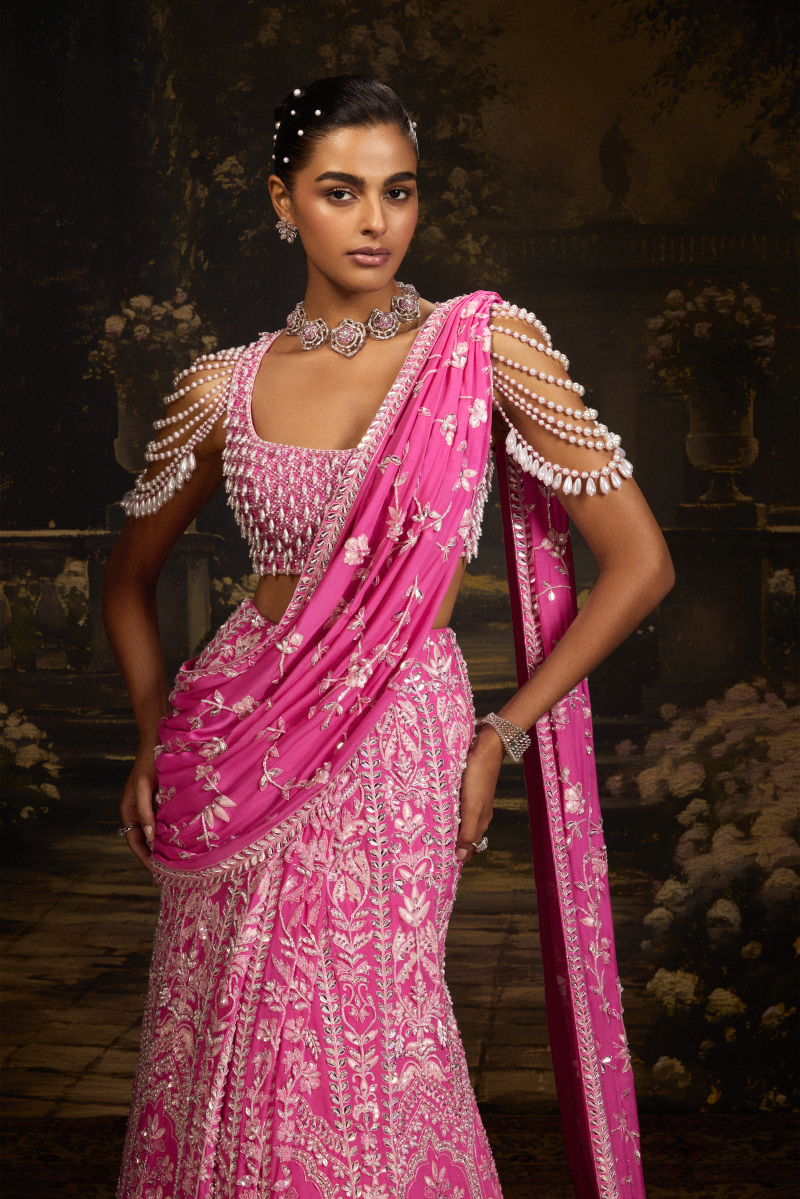 Rose Pink Chiffon Stitched Saree Set