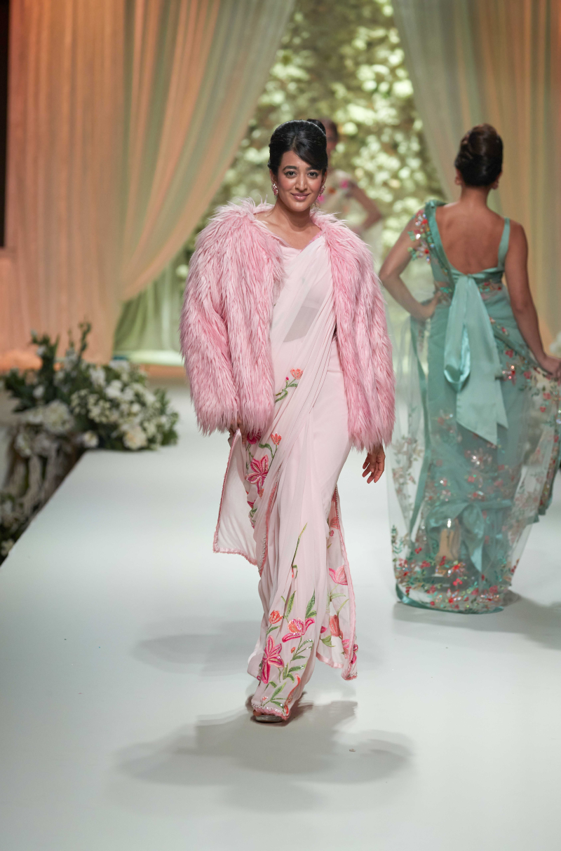 Baby Pink Multicolored Floral Saree Set