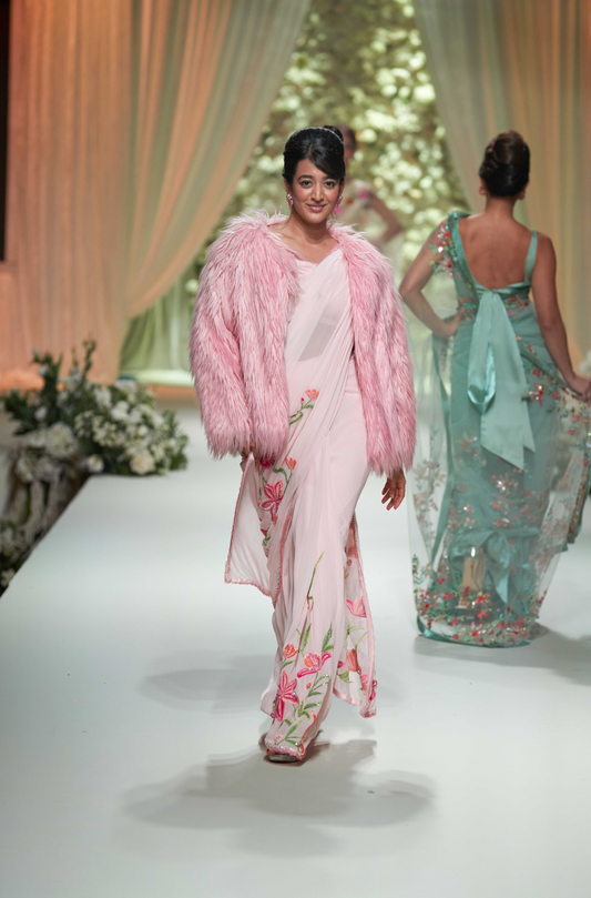 Baby Pink Multicolored Floral Saree Set