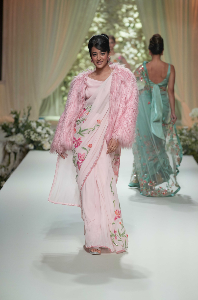 Baby Pink Multicolored Floral Saree Set