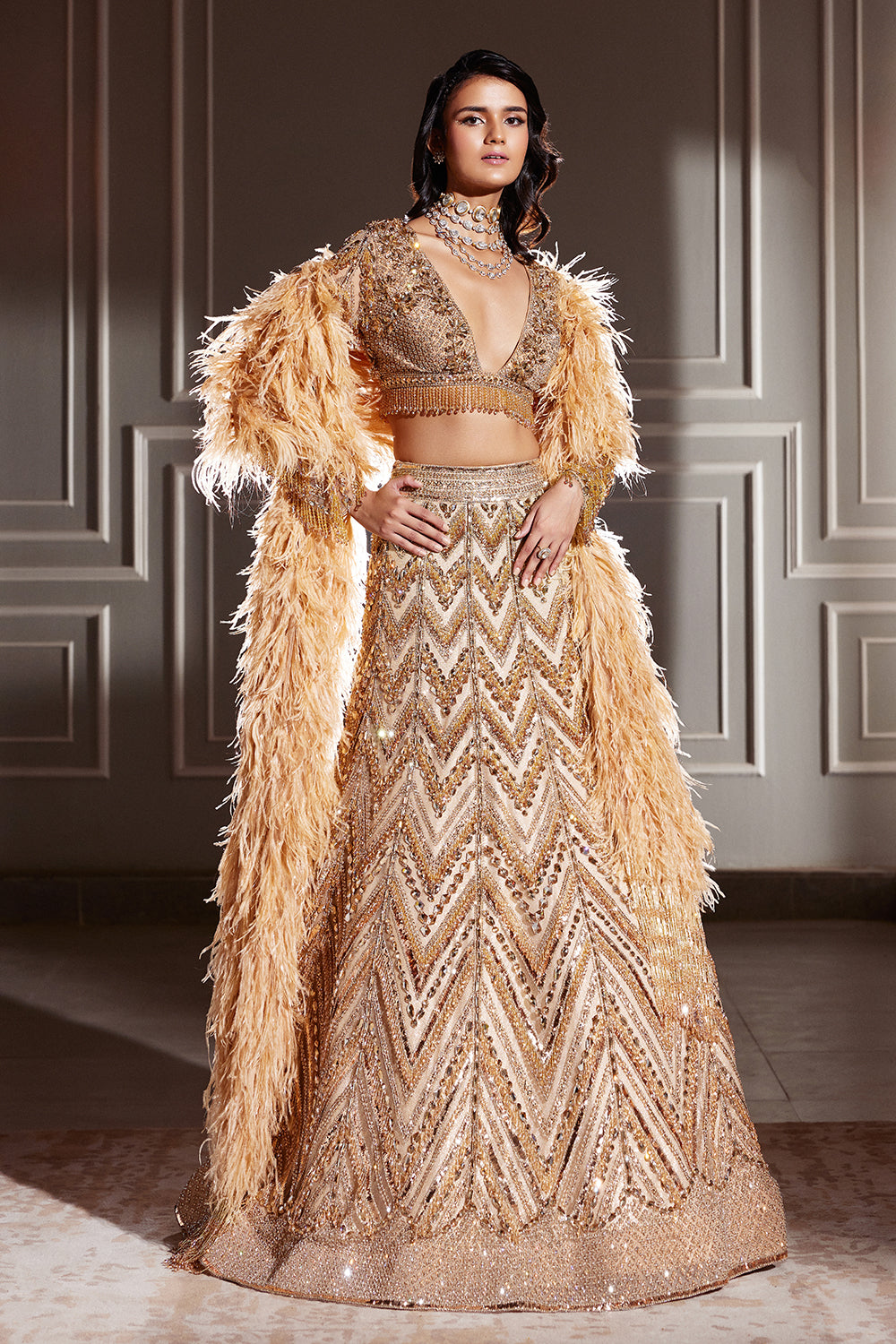 Gold Chevron Embroidered Lehenga Set