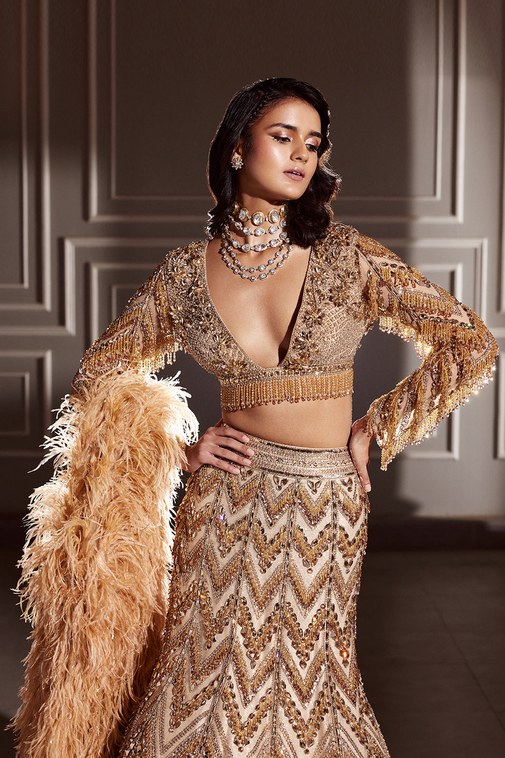 Gold Chevron Embroidered Lehenga Set