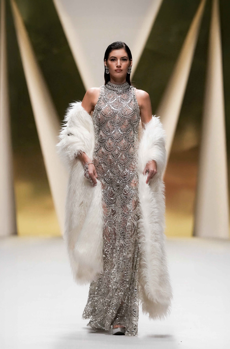 White Halter Neck Scallop Crystal & Sequin Gown