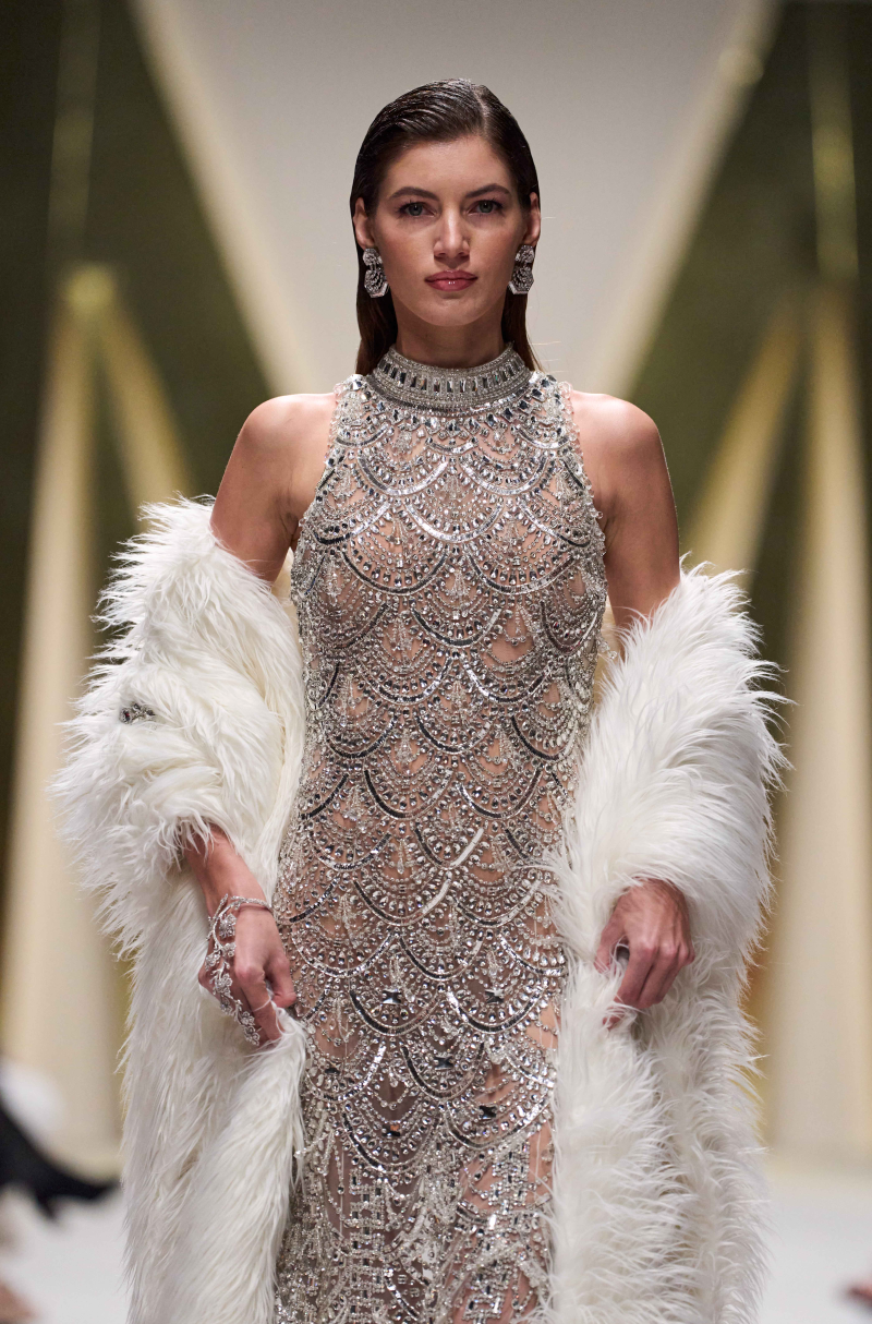 White Halter Neck Scallop Crystal & Sequin Gown