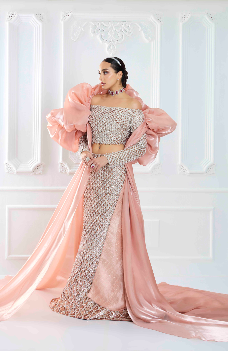 Champagne Net Fishtail Sequin Lehenga Set