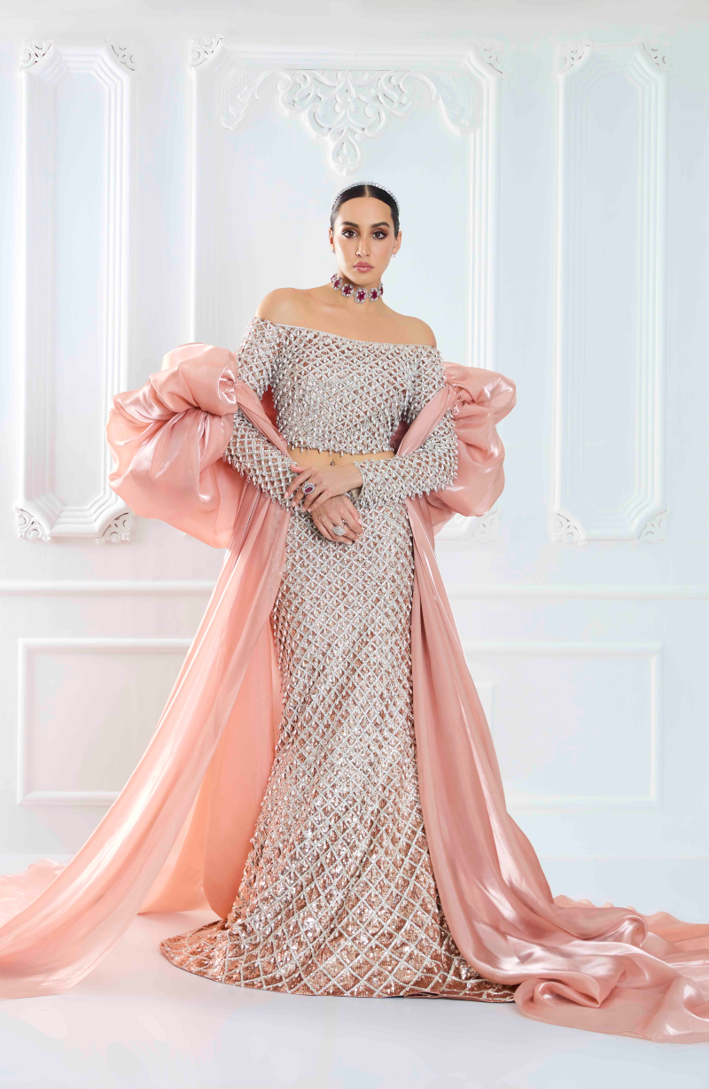 Champagne Net Fishtail Sequin Lehenga Set