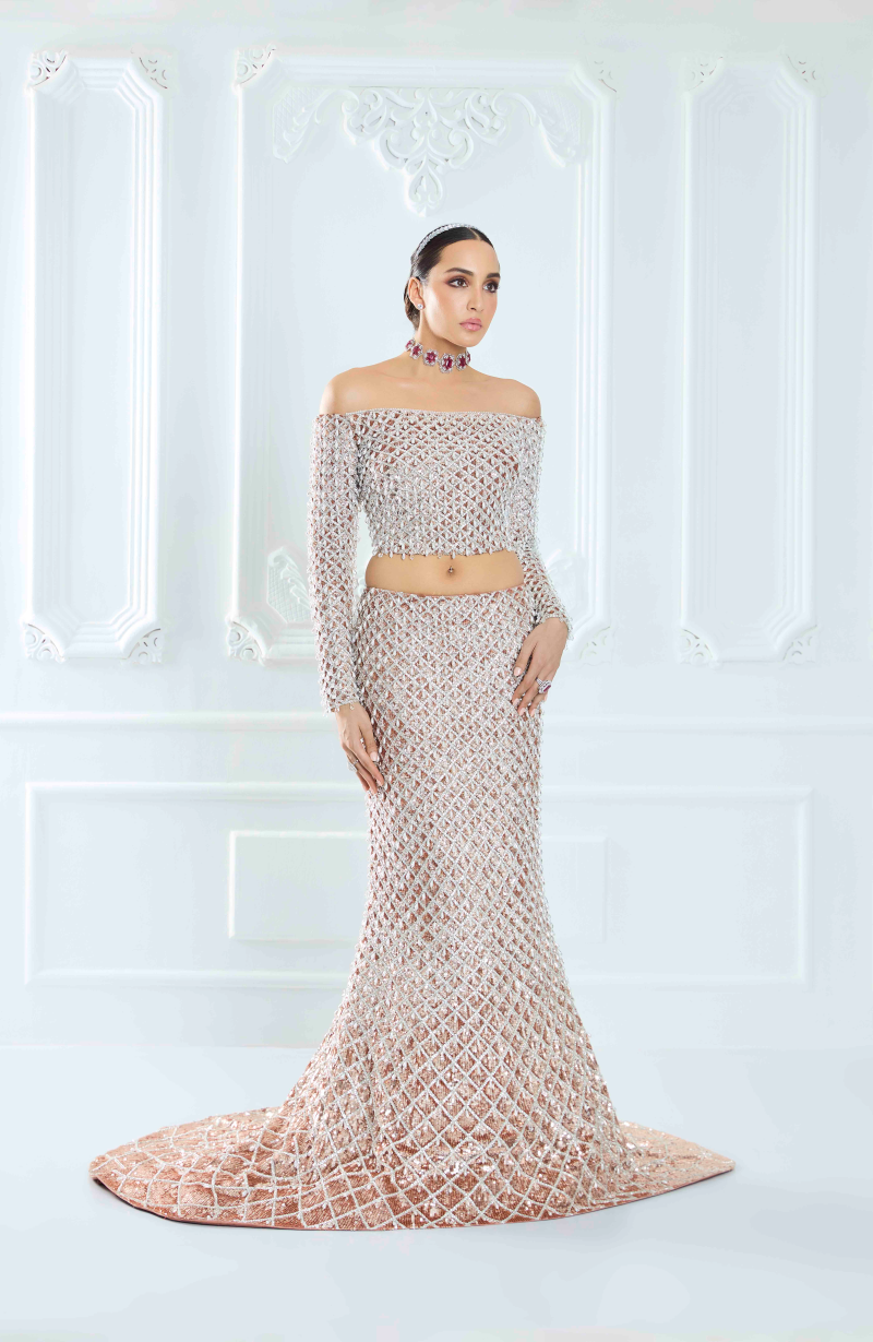 Champagne Net Fishtail Sequin Lehenga Set