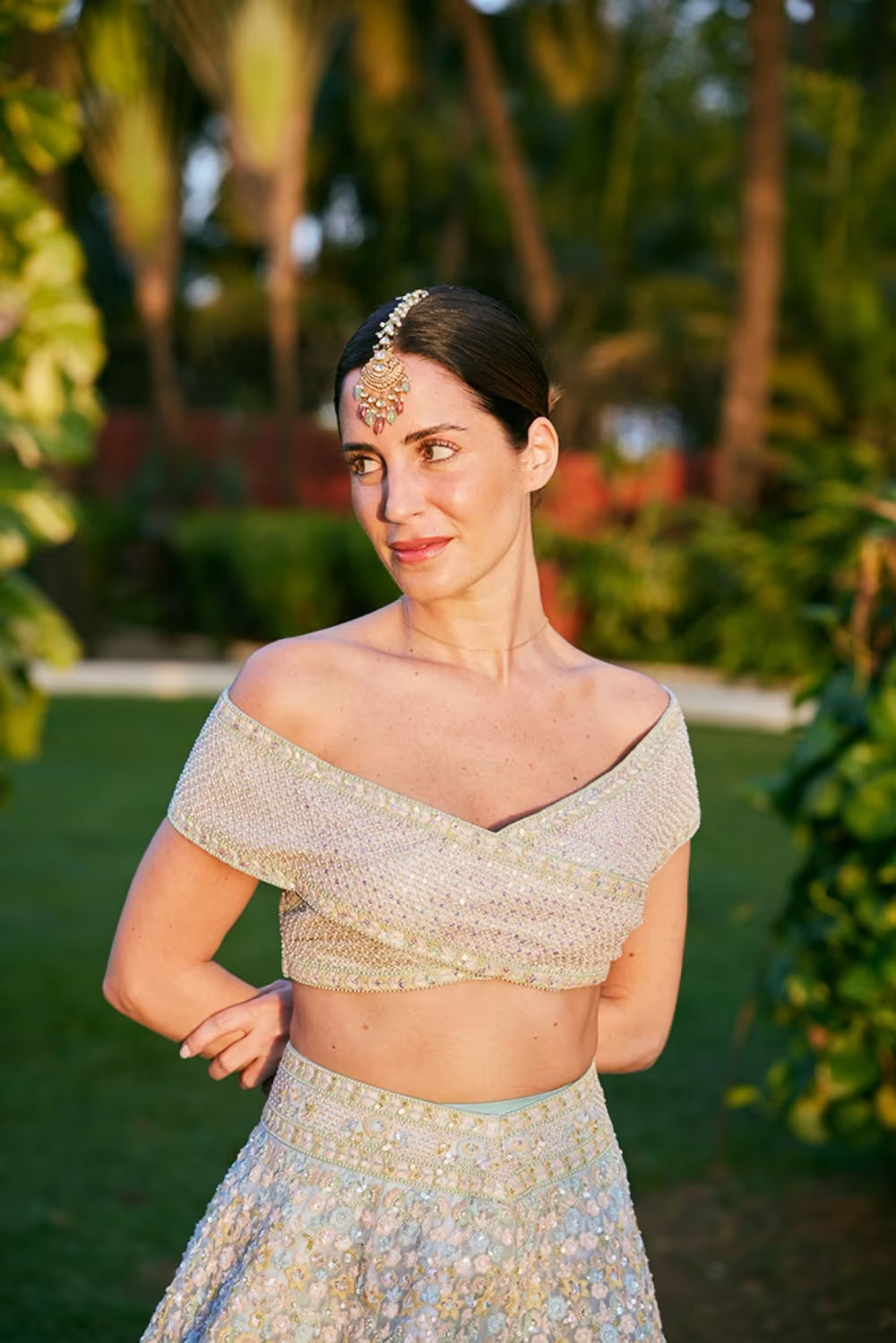 Gala Gonzalez in our Pastel Off-shoulder Lehenga Set