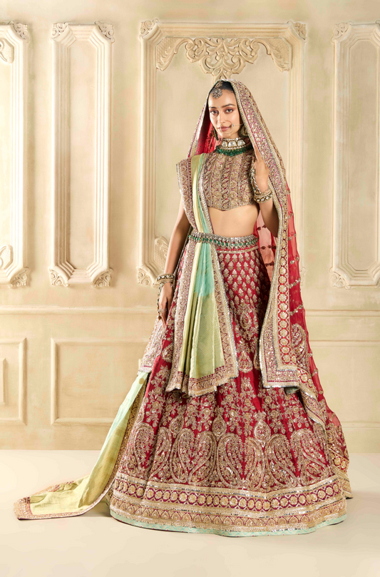 Maroon Raw Silk Embroidered Lehenga Set