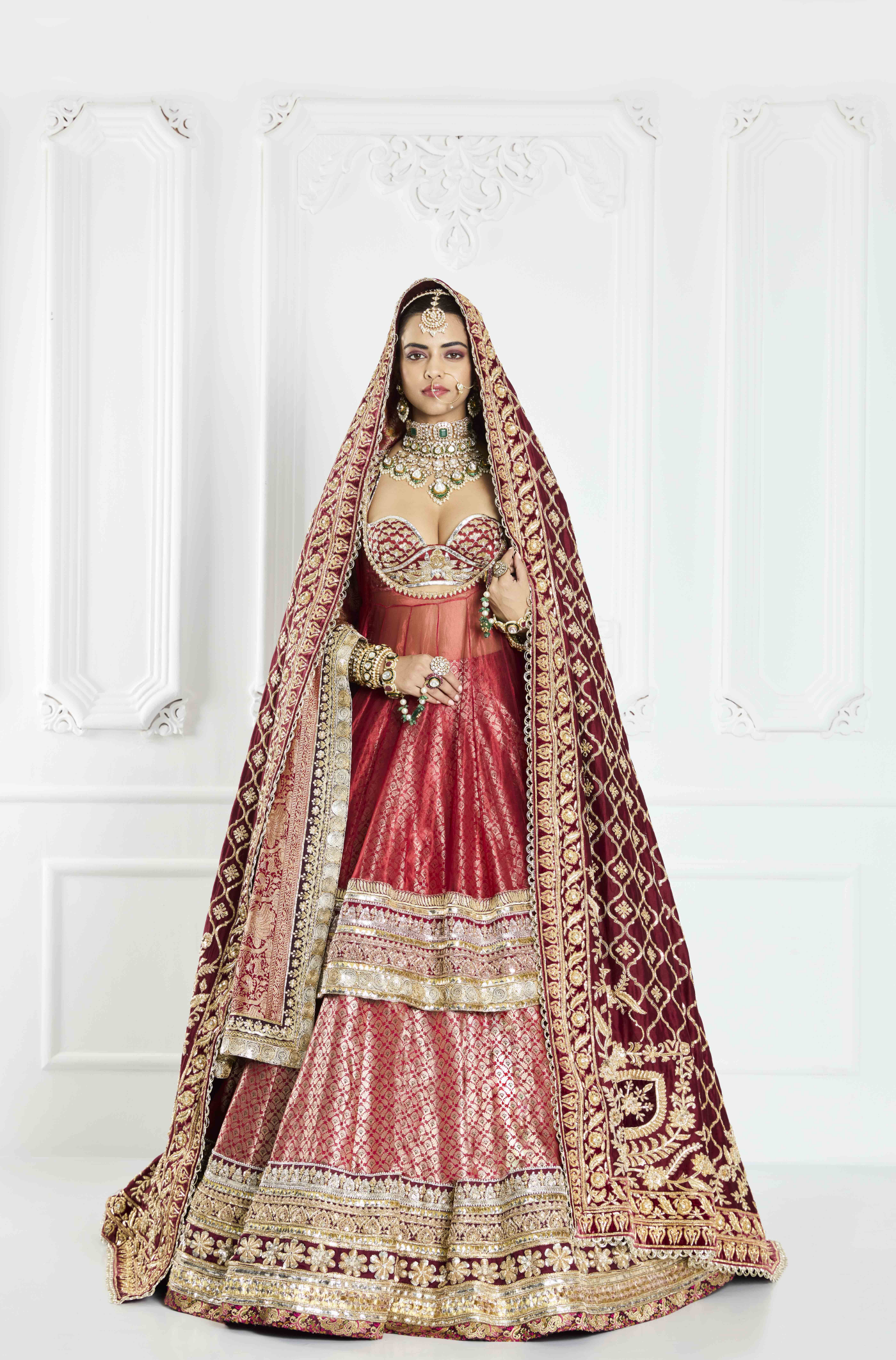 Deep Red Brocade Lehenga Set