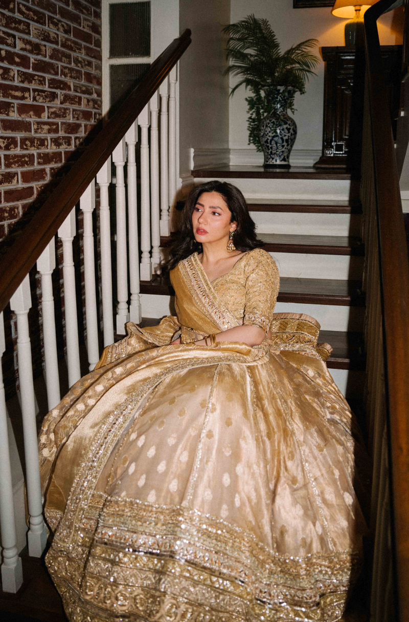 Mahira Khan in our Beige and Gold Banarasi Lehenga Set