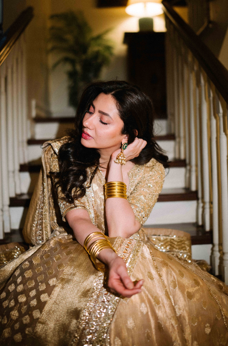 Mahira Khan in our Beige and Gold Banarasi Lehenga Set
