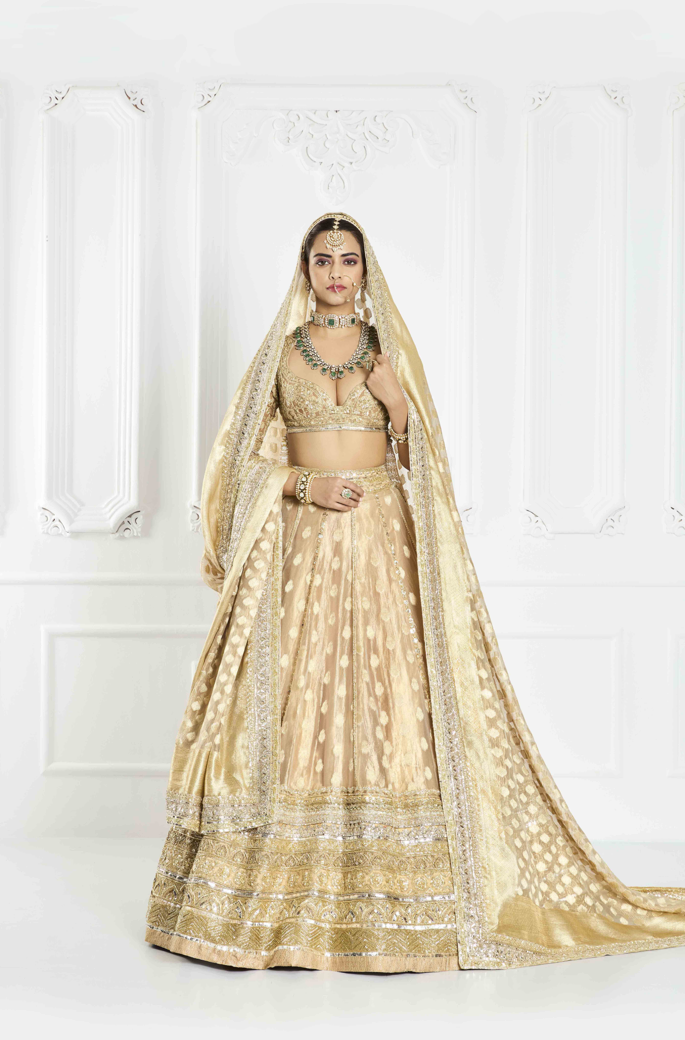 Beige and Gold Banarasi Lehenga Set
