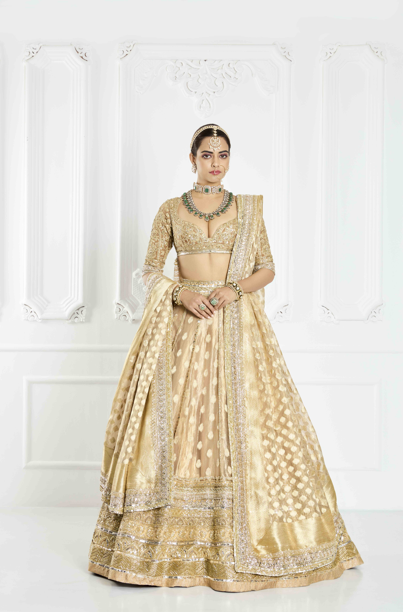Beige and Gold Banarasi Lehenga Set