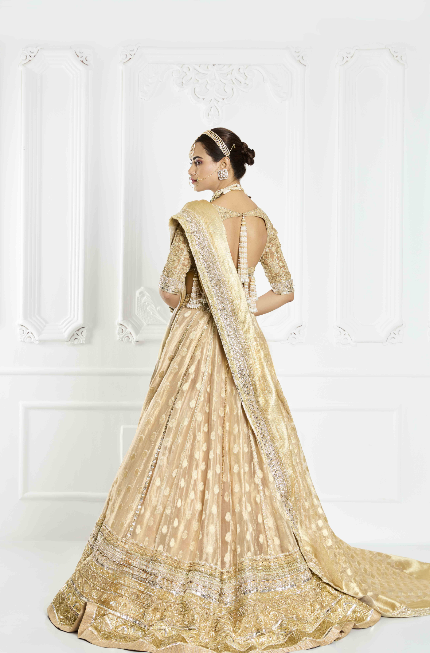 Beige and Gold Banarasi Lehenga Set