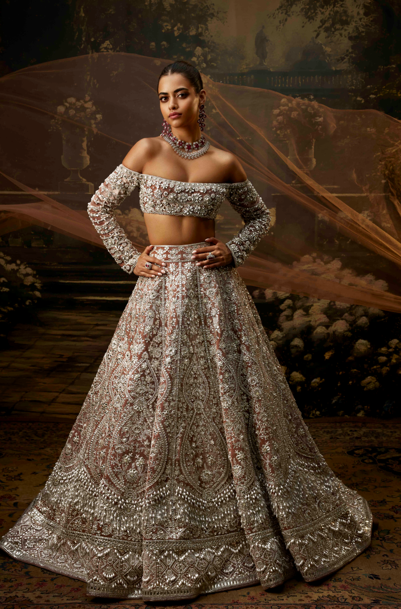 Oyster Velvet Pearl & Stone Trailing Lehenga Set