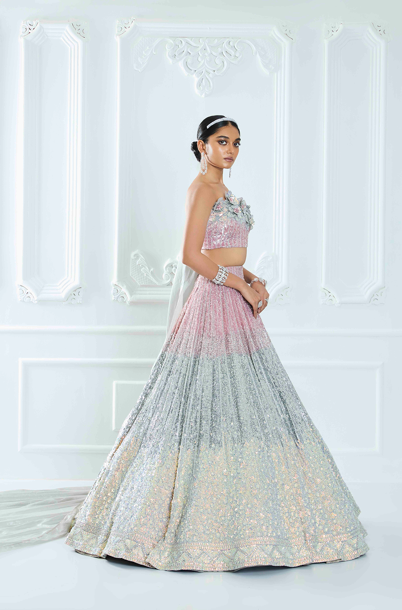 Rose Gold Tri-Colored Shaded Sequin Lehenga Set