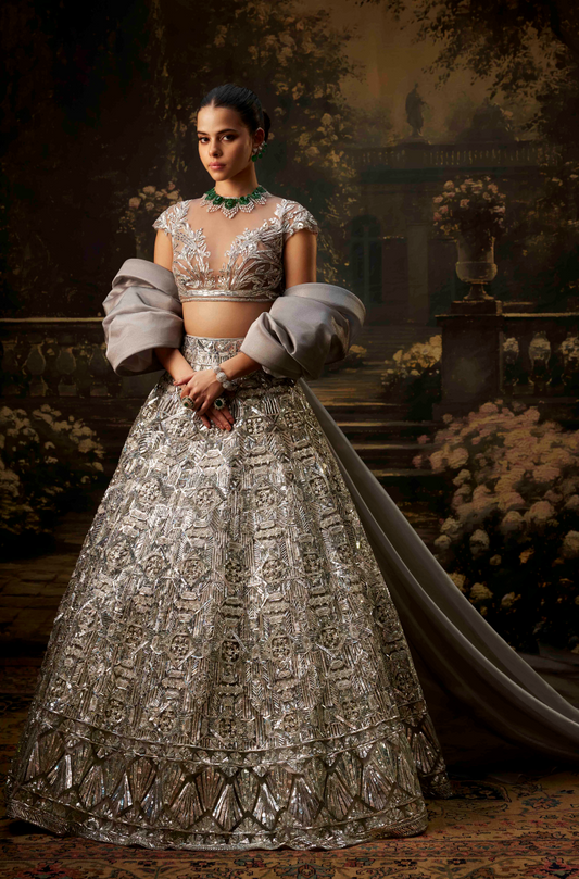 Grey Tulle with Silver Embroidered Lehenga Set
